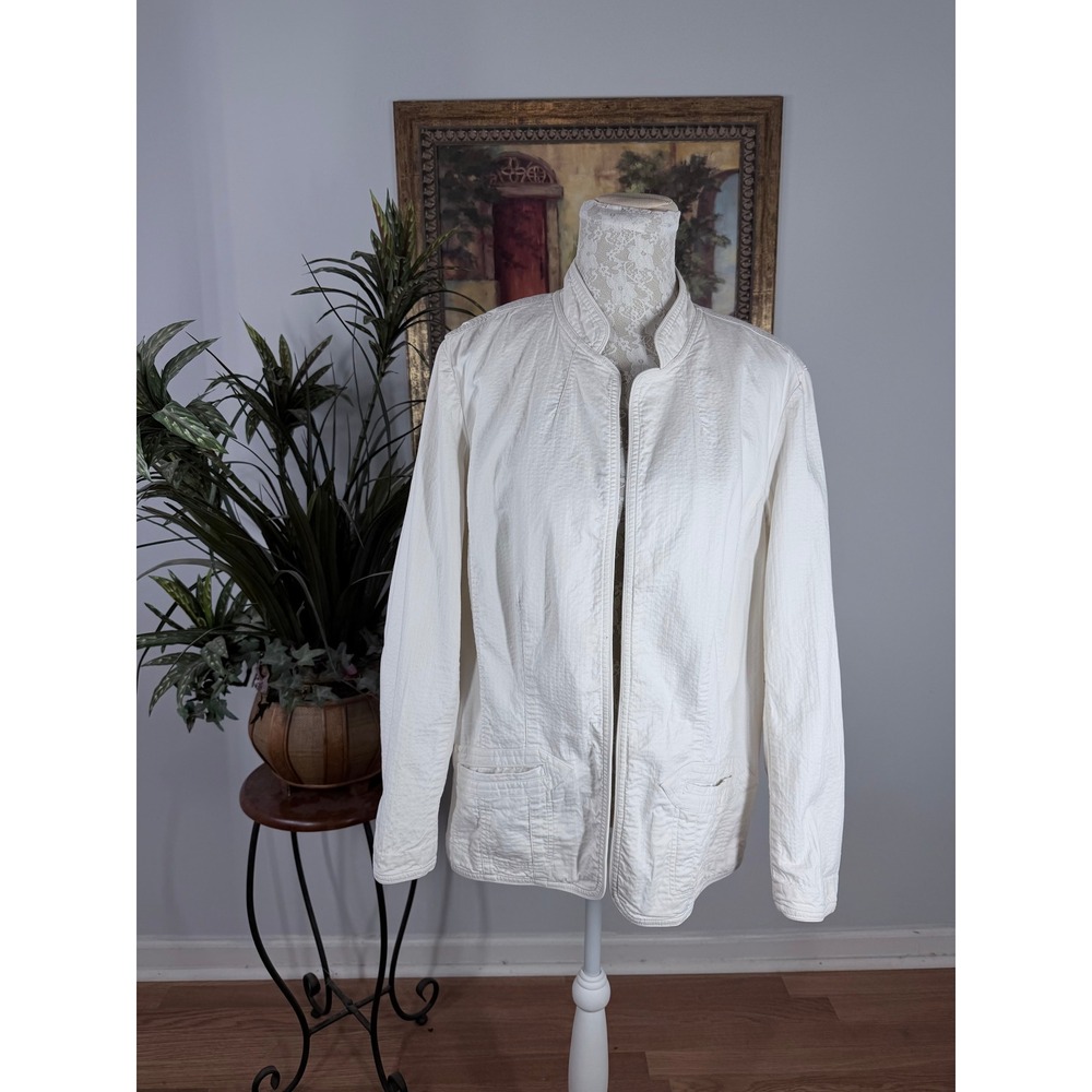 Coldwater Creek Jacket Womens 1X Ivory Cotton Spandex Textured Zip Up Mandarin